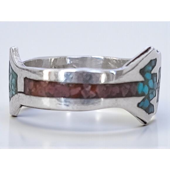 Vintage Native American 925 Silver Ring Turquoise Coral Inlay Southwestern - Picture 2 of 8